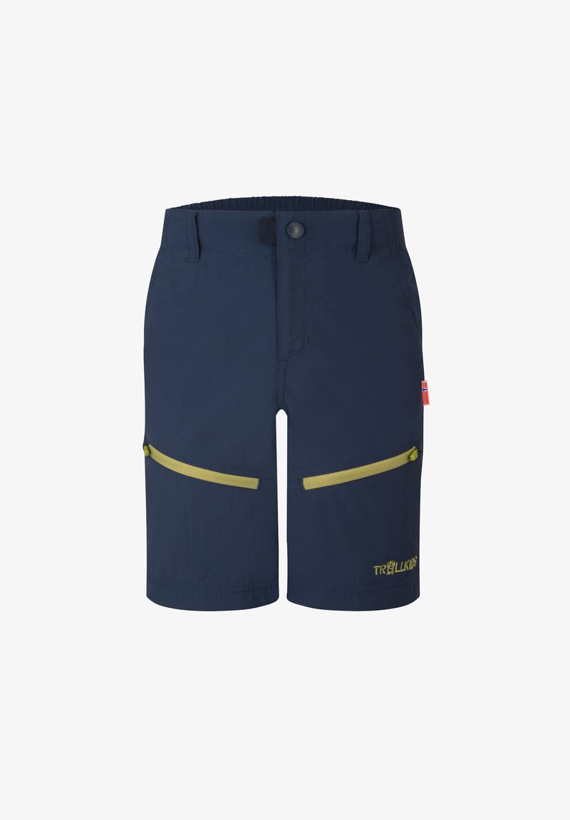 Navy blue shorts made from lightweight material, featuring two zippered pockets with yellow accents and an elastic waistband for a secure fit.