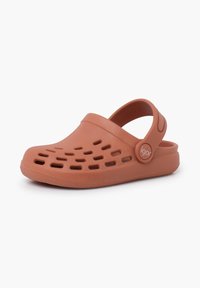 Orange rubber clogs with ventilation holes, curved top, and a back strap. Features a round logo button on the side. Non-slip textured sole.