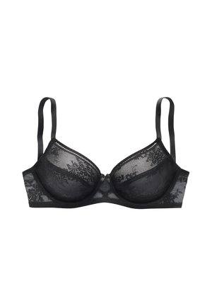 Black lace underwire bra with adjustable straps and a small central bow detail, shown on a white background.
