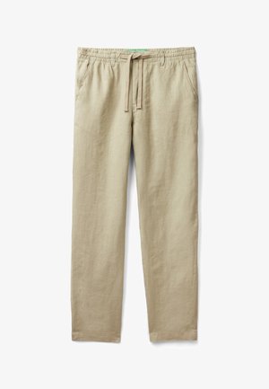 Helle beige Freizeithose mit elastischem Bund, Kordelzugverschluss, seitlichen Taschen und geradem Schnitt.