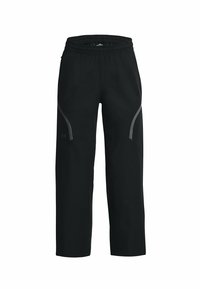 Black athletic pants with an elastic waistband, grey accents on the sides, and a tapered cut. Made from a soft, lightweight material.