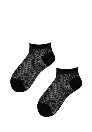 Paar schwarze Knöchelsocken mit weißem geometrischem Muster und einfarbigen schwarzen Fersen-, Zehen- und Bündchenbereichen auf weißem Hintergrund.
