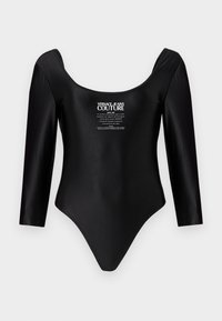 Bodysuit negro de manga larga hecho de una tela suave, con escote redondeado y texto de logo en blanco en la parte delantera.