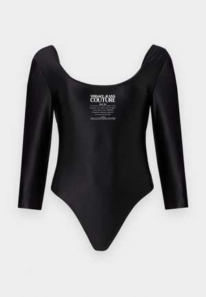 Black long-sleeve bodysuit made of smooth fabric, featuring a scoop neckline and contrasting white logo text on the front.