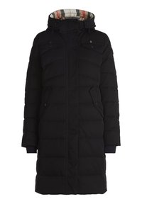 Sort polstret jakke med hætte, med plaid-foring. Indeholder to frontlommer og en knaplukning langs midten. Langærmet design.