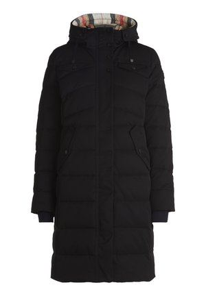 Schwarze gepolsterte Jacke mit Kapuze, ausgestattet mit einem karierte Futter. Enthält zwei Fronttaschen und einen Knopfverschluss in der Mitte. Langärmeliges Design.