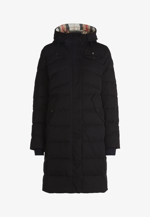 Schwarze gepolsterte Jacke mit Kapuze, ausgestattet mit einem karierte Futter. Enthält zwei Fronttaschen und einen Knopfverschluss in der Mitte. Langärmeliges Design.