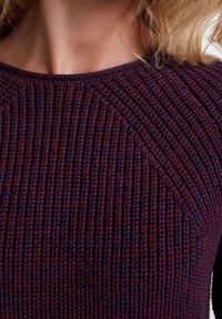 Maglione lavorato a maglia in rosso scuro e blu navy, caratterizzato da una texture a coste, un collo rotondo e delicati dettagli di cucitura diagonale sulle maniche.