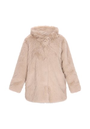 Cappotto in pelliccia sintetica beige con cappuccio, caratterizzato da maniche lunghe e una superficie morbida e testurizzata. Il design è abbondante e non presenta chiusure.