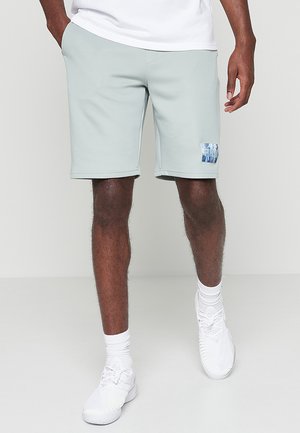 Pantaloni corti sportivi grigio chiaro realizzati in tessuto traspirante, con una grafica laterale e un design aderente, abbinati a calzature bianche.