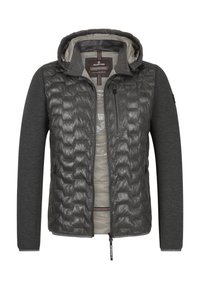 Graue Jacke mit gestepptem Vorderteil und glatten dunklen Ärmeln, mit Kapuze, durchgehendem Reißverschluss und zwei vorderen Taschen. Innen mit einem helleren Material gefüttert.
