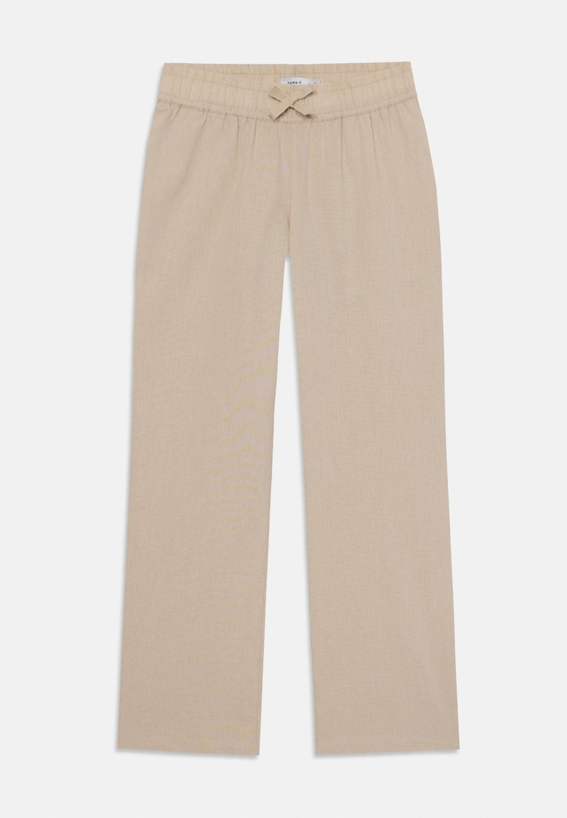 Pantaloni bej cu picioare largi, prevăzuți cu un tiv elastic și un șnur în față. Realizați dintr-un material moale, texturat, potriviți pentru ținute casual.