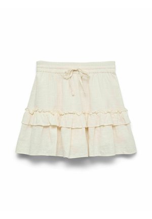 Jupe en lin crème avec une finition texturée, dotée d'un ourlet volanté et d'une taille élastique avec un détail de lien à l'avant.