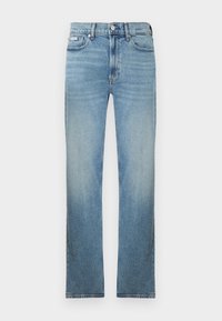 Gaiši zili džinsa bikses ar taisnu kājas griezumu, piecu kabatu dizainu un izbalinātu apdari. Ir pogu aizdare un jostas cilpas.