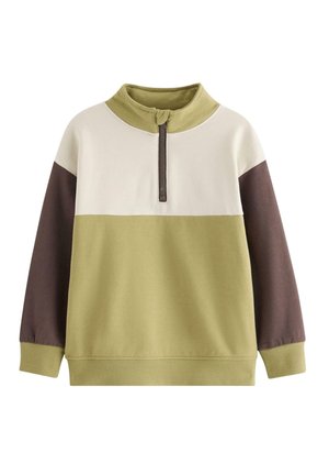Bluza z długim rękawem w stylu colorblock w odcieniach oliwkowym, kremowym i brązowym, z suwakiem do ćwiartki przy kołnierzu oraz ściągaczami przy mankietach i u dołu.