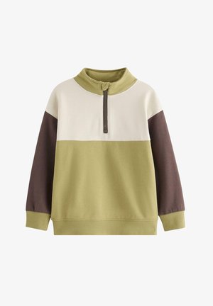 Langärmeliger Colorblock-Pullover mit Oliv-, Creme- und Brauntönen, mit Viertelreißverschluss am Kragen und gerippten Bündchen und Saum.