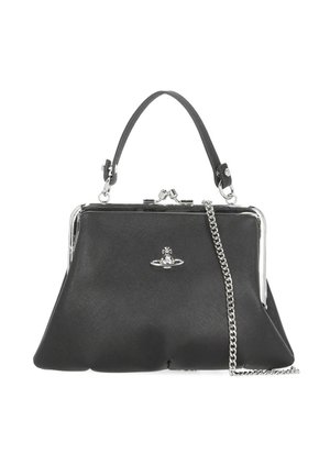 Borsa strutturata nera con manico superiore, cornice color argento, tracolla a catena e logo a forma di globo metallico sul davanti.