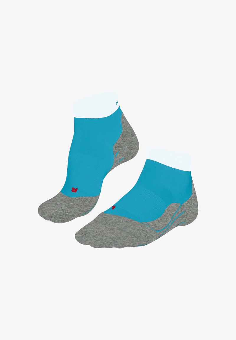 Knöchelsocken mit teal-blauem Schaft, weißem Bündchen und grauem Fußbett. Merkmale sind kontrastierende Farben und ein kleines rotes Logo an der Seite.