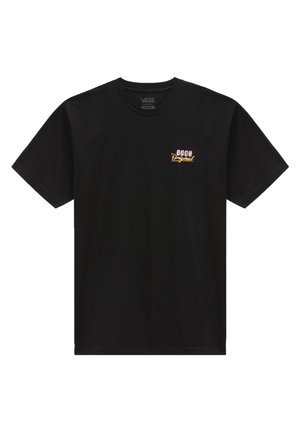 Schwarzes Vans T-Shirt mit kurzen Ärmeln und kleinem Brustlogo mit der Aufschrift "Vans Original" in weißem und orangefarbenem Text.