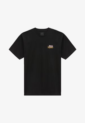 Czarny t-shirt Vans z krótkim rękawem z małym logo na piersi z napisem "Vans Original" białym i pomarańczowym tekstem.