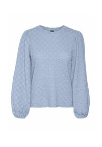 Light blue long-sleeve top with a textured, slightly crinkled fabric, round neckline, and gathered sleeves creating a puff effect.
