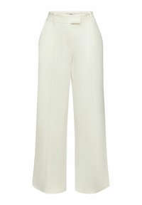 Pantalon à jambes larges en tissu crème clair. Caractéristiques : taille haute, texture lisse, et plis devant pour une structure supplémentaire. Design minimaliste.