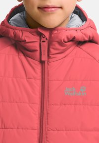 Padded ružová bunda s šedou podšívkou, vysokým golierom a plným zipsom, s logom "Jack Wolfskin" na hrudi.
