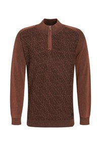Brązowy sweter z półsuchem kołnierzem, z teksturowanym wzorem i ściągaczami na rękawach oraz u dołu. Wykonany z dzianiny.