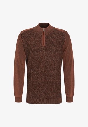 Pull en laine marron avec un col zippé mi-hauteur, présentant un motif texturé et des détails côtelés sur les manches et l'ourlet. Fabriqué en tissu tricoté.