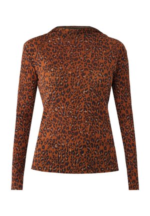 Top de manga larga de canalé con estampado de leopardo en tonos marrón y negro, silueta ajustada y escote redondo.