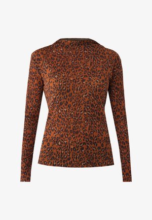 Top de manga larga de canalé con estampado de leopardo en tonos marrón y negro, silueta ajustada y escote redondo.