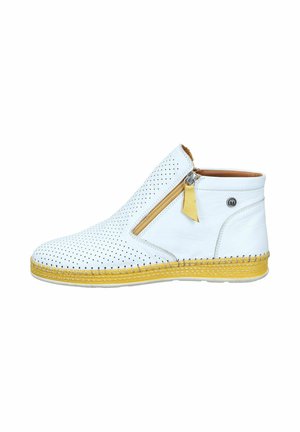 White perforated leather ankle boot with yellow sole and zipper on side, rounded toe, and small circular logo on heel.