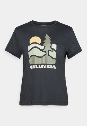 Mørk grå T-skjorte med et grafisk bilde av en gul sol, grønne fjell og et tre over ordet "Columbia" i hvite bokstaver.