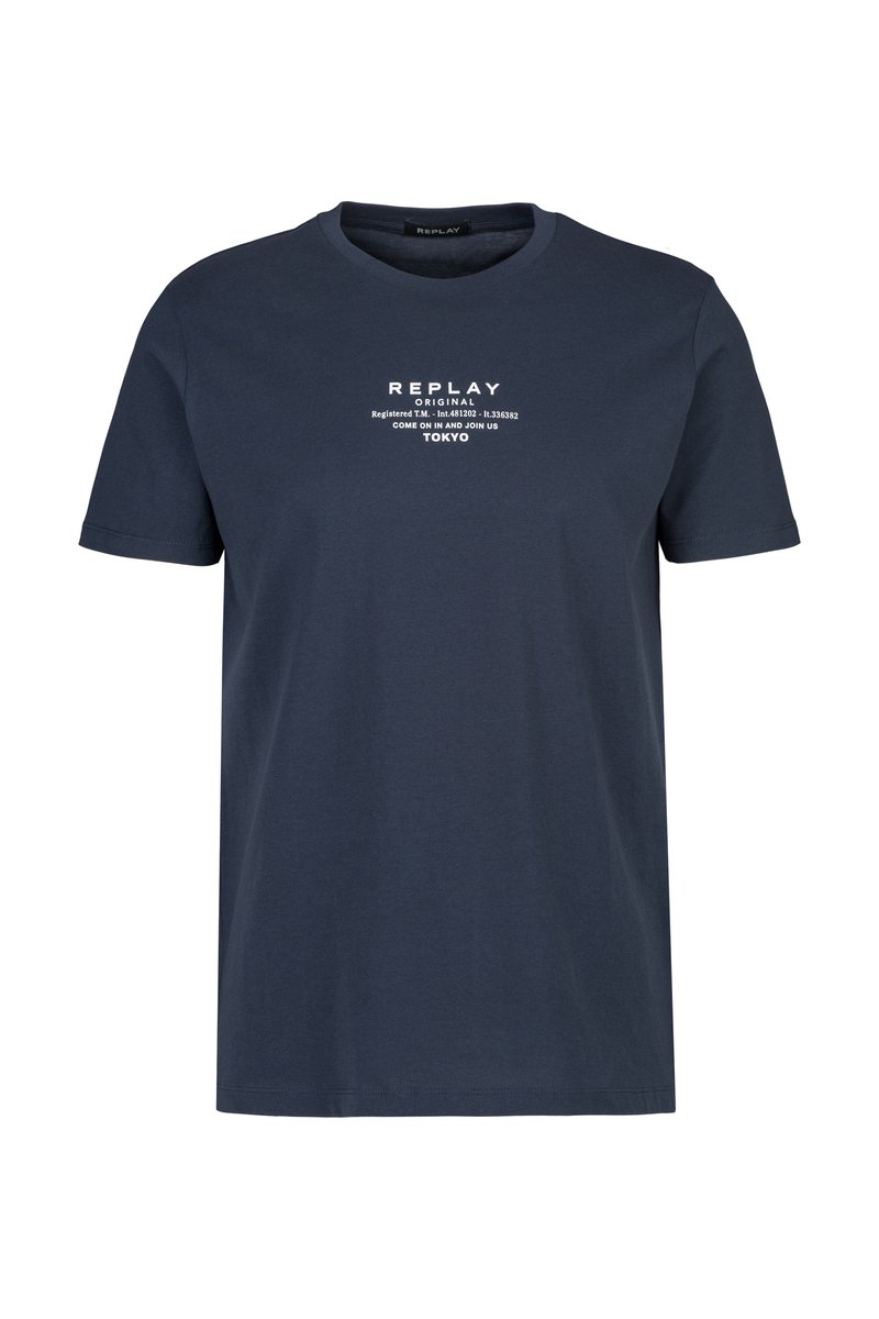 Marineblauwe katoen T-shirt met een ronde hals, korte mouwen en witte opdruk met de tekst "REPLAY ORIGINAL" en "TOKYO" op de voorkant.