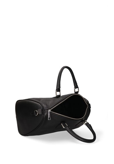 Sac de voyage en cuir noir avec deux poignées, partiellement dézippé montrant l'intérieur vide, photographié sur fond blanc.