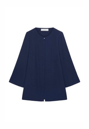 Marineblauer Mantel mit langen Ärmeln, rundem Ausschnitt und einzelner Knopfverschluss an der Oberseite, leicht ausgestellten Ärmeln und geradem Saum.