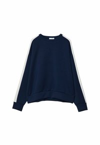 Felpa blu navy con strisce laterali bianche, scollatura a girocollo e polsini e orlo a coste. Tessuto morbido con una vestibilità rilassata e spalle basse.