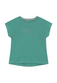 Turkoosi lyhythihainen T-paita, jossa on pyöristetty kaula-aukko ja rento malli. Edessä on "Pepe Jeans London" -teksti strassikivillä.