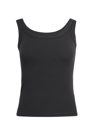 Sort ribbet ærmeløs cropped top med brede stropper og rundet firkantet udskæring på hvid baggrund.
