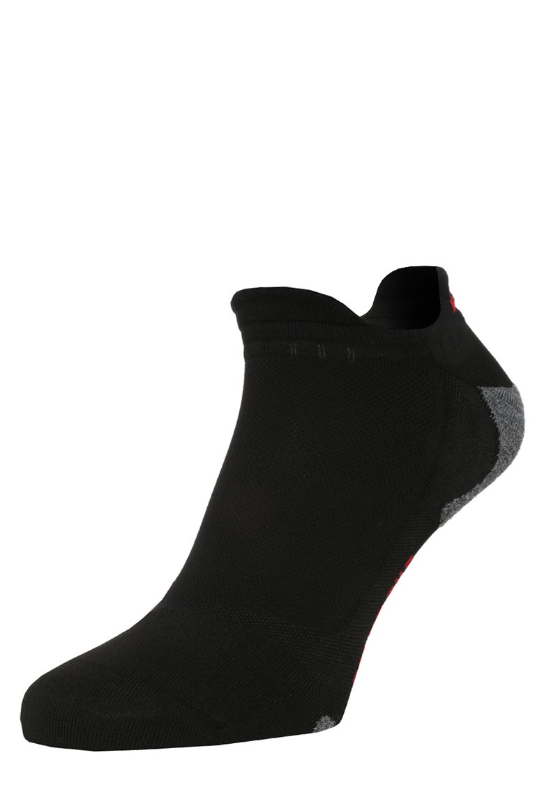 Calzino nero alla caviglia con finitura testurizzata, dettagli grigi sul tallone e un bordo aderente. Presenta un leggero imbottitura per il comfort.