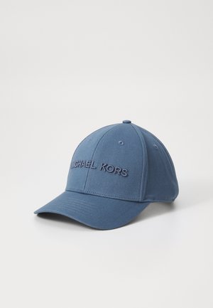 Blue cotton baseball cap with embroidered "MICHAEL KORS" logo. Features a curved brim, six-panel design, and ventilation holes.