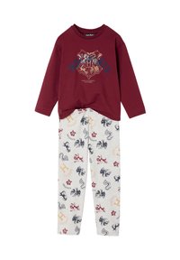 Maroon long-sleeve top with Hogwarts crest and lettering, paired with light grey pants featuring Hogwarts house animal and letter patterns.