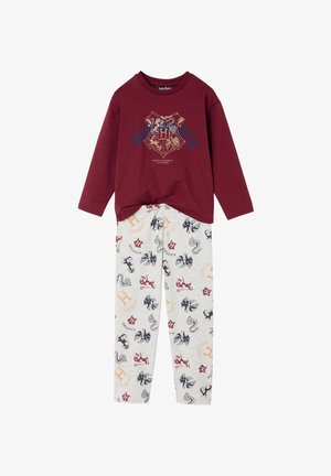 Maroon long-sleeve top with Hogwarts crest and lettering, paired with light grey pants featuring Hogwarts house animal and letter patterns.