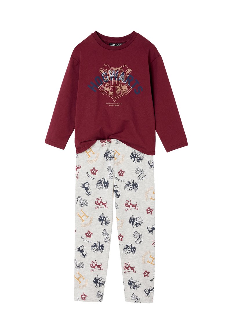 Maroon long-sleeve top with Hogwarts crest and lettering, paired with light grey pants featuring Hogwarts house animal and letter patterns.