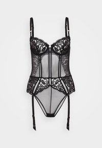 Zwarte kanten bodysuit met doorzichtige mesh, onderbroken cups, ingewikkelde borduursels, verstelbare bandjes en kousenhouders.