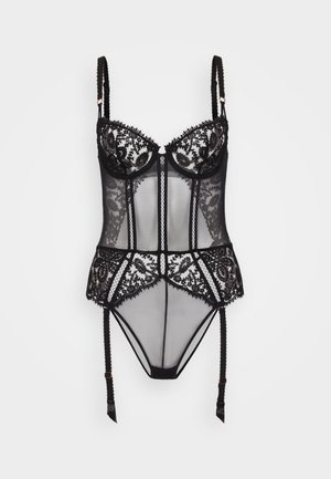Svart blonde bodysuit med gjennomsiktig mesh, undertrådskopper, intrikate broderier, justerbare stropper og festene for strømper.