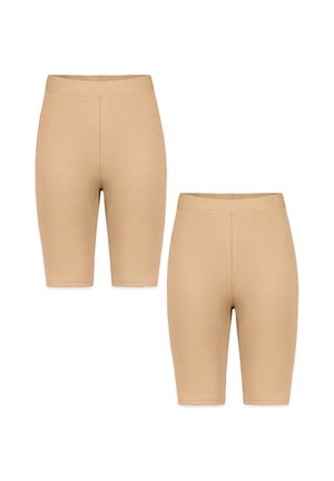 Zwei Paar beige gerippte Biker-Shorts mit hoher Taille und knielangen Beinen, gezeigt von vorne und hinten vor weißem Hintergrund.