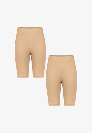 Zwei Paar beige gerippte Biker-Shorts mit hoher Taille und knielangen Beinen, gezeigt von vorne und hinten vor weißem Hintergrund.