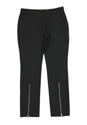 Czarne spodnie slim fit z przednimi szwami i srebrnymi zamkami na dole każdej nogawki, wyłożone na płasko na białym tle.