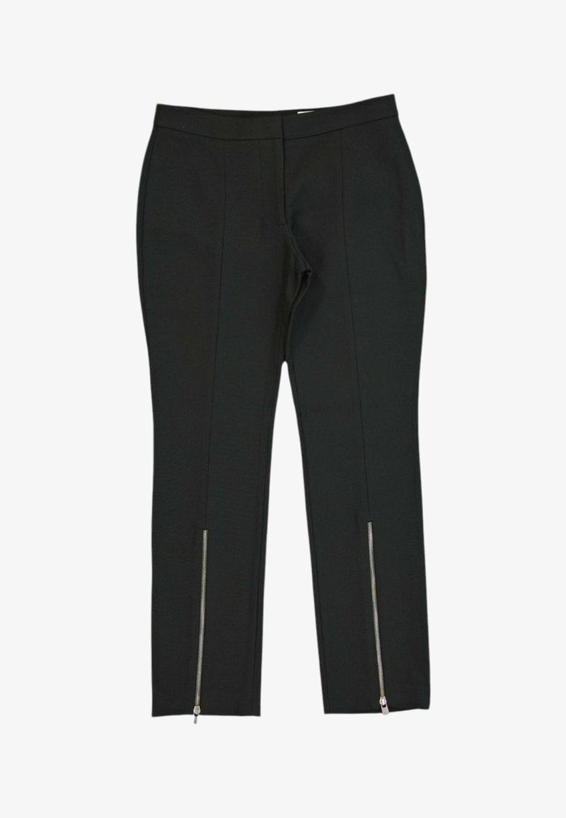 Pantalon slim noir avec coutures devant et fermetures éclair argentées au bas de chaque jambe, présenté à plat sur fond blanc.
